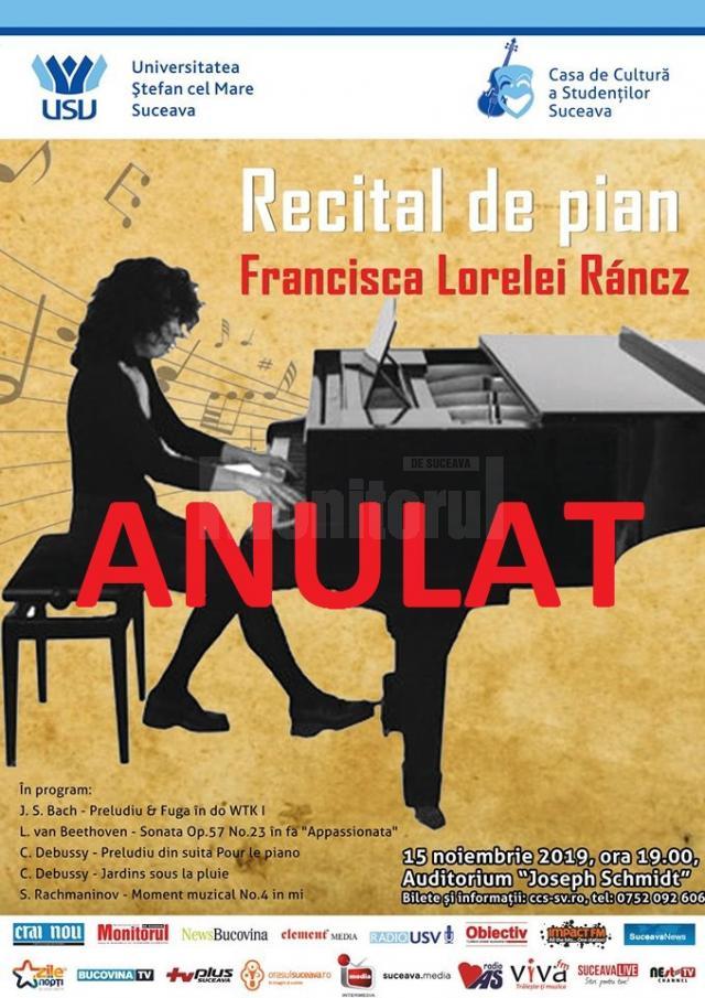 Recitalul de pian cu Francisca Lorelei Ráncz a fost anulat. Spectatorii pot opta pentru un recital de pian din 4 decembrie