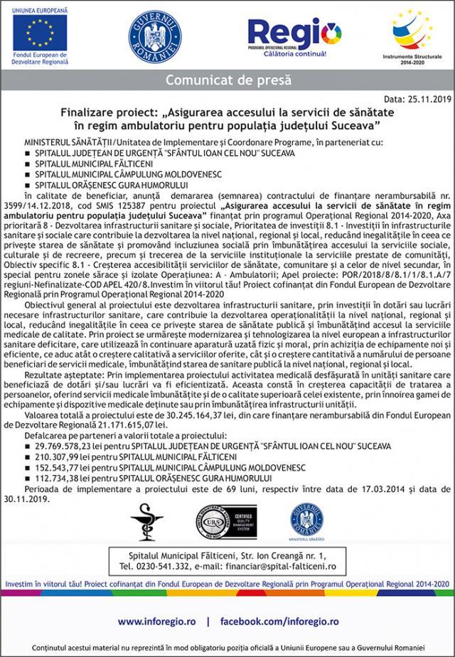 Finalizare proiect: „Asigurarea accesului la servicii de sănătate în regim ambulatoriu pentru populaţia judeţului Suceava”