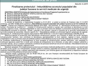 Finalizarea proiectului : Imbunătățirea accesului populației din județul Suceava la servicii medicale de urgență