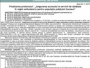 Finalizarea proiectului : „Asigurarea accesului la servicii de sănătate în regim ambulatoriu pentru populația județului Suceava”