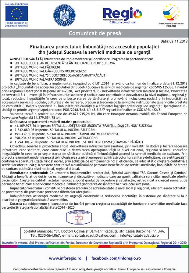 Finalizarea proiectului: Îmbunătățirea accesului populației din județul Suceava la servicii medicale de urgență - Rădăuţi