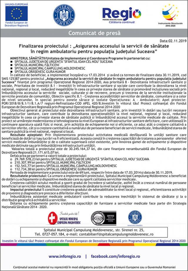 Finalizarea proiectului : „Asigurarea accesului la servicii de sănătate în regim ambulatoriu pentru populația județului Suceava” - CÂMPULUNG MOLDOVENESC