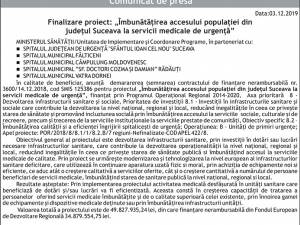 Finalizare proiect: „Îmbunătățirea accesului populației din județul Suceava la servicii medicale de urgență”