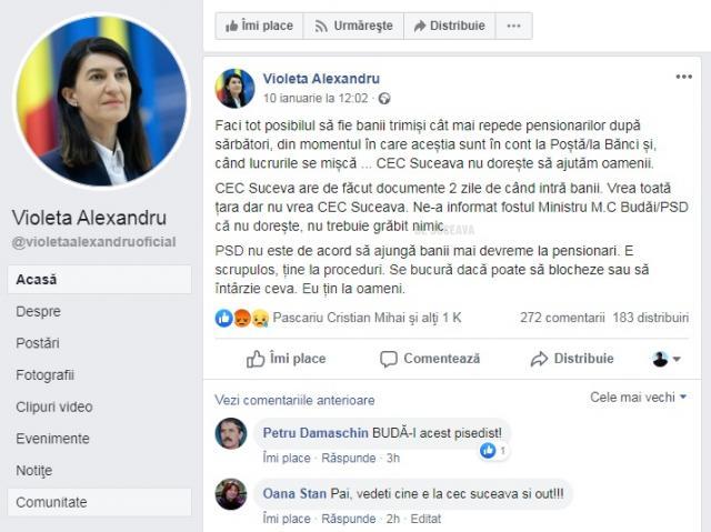 Ministrul Muncii, Violeta Alexandru – postarea de pe Facebook