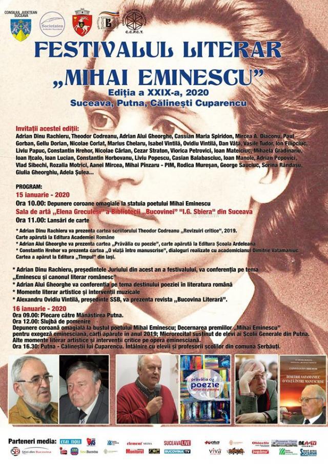 Miercuri debutează la Suceava Festivalul Literar „Mihai Eminescu”, ediția a XXIX-a