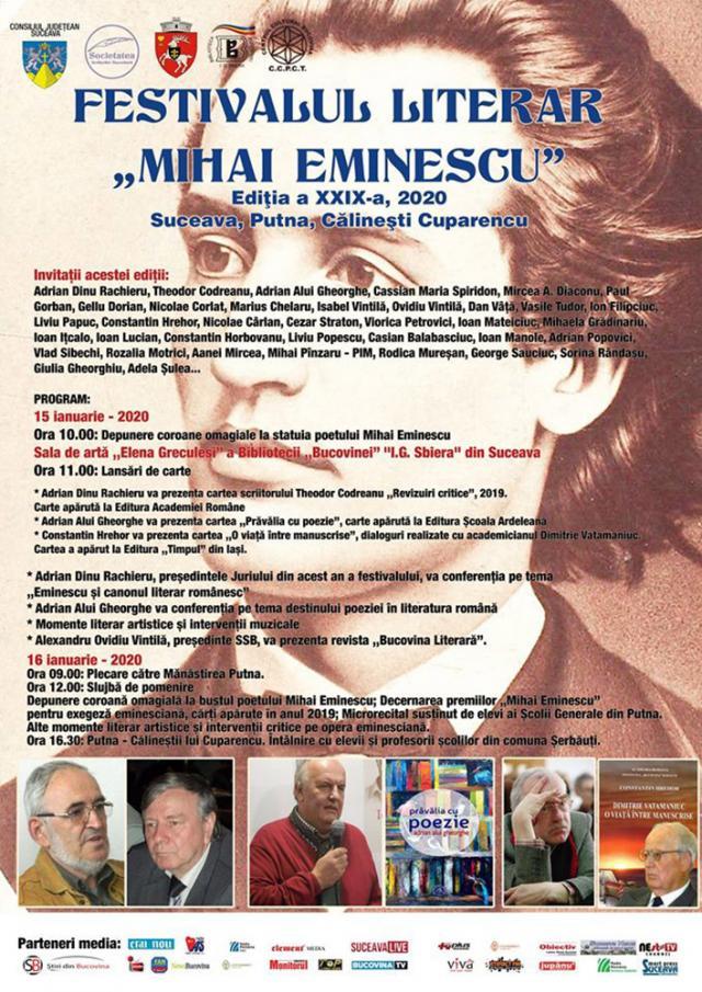 Astăzi debutează la Suceava Festivalul Literar „Mihai Eminescu”, ediția a XXIX-a