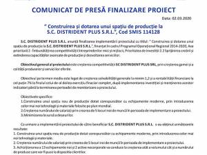 "Construirea şi dotarea unui spaţiu de producţie la S.C. DISTRIDENT PLUS S.R.L.", Cod SMIS 114128