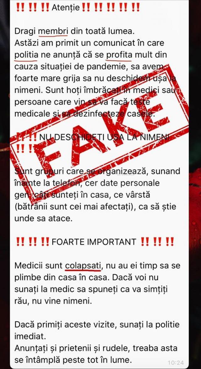 Fake-news promovat intens și în Suceava: hoți îmbrăcați în doctori bat pe la ușile oamenilor pentru a-i prăda