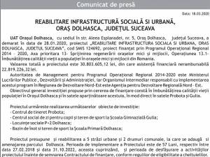 REABILITARE INFRASTRUCTURĂ SOCIALĂ SI URBANĂ, ORAȘ DOLHASCA, JUDEȚUL SUCEAVA