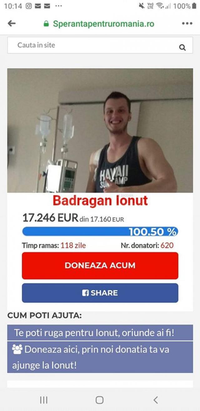 Peste 17.000 de euro, donați pentru tânărul sucevean bolnav de cancer, internat într-un spital din Italia