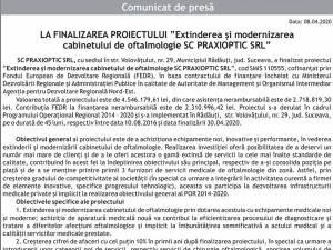 LA FINALIZAREA PROIECTULUI ”Extinderea și modernizarea cabinetului de oftalmologie SC PRAXIOPTIC SRL”