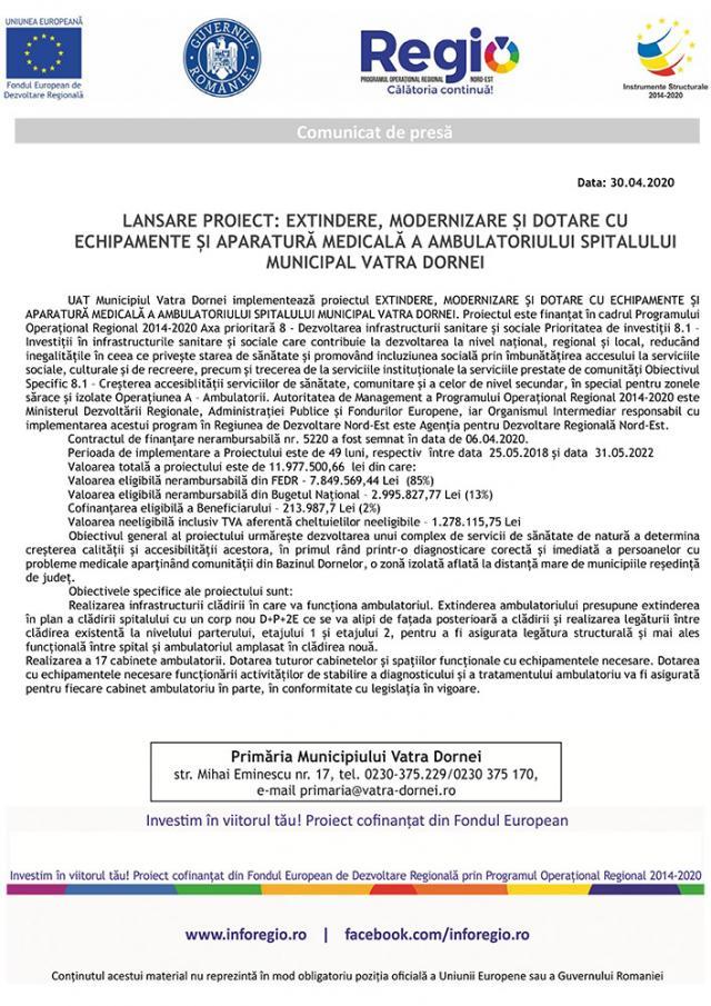 LANSARE PROIECT: EXTINDERE, MODERNIZARE ȘI DOTARE CU ECHIPAMENTE ȘI APARATURĂ MEDICALĂ A AMBULATORIULUI SPITALULUI MUNICIPAL VATRA DORNEI