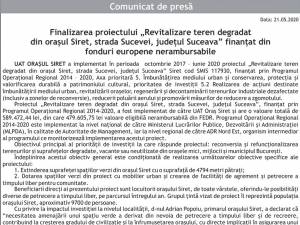 Finalizarea proiectului „Revitalizare teren degradat din orașul Siret, strada Sucevei, județul Suceava” finanțat din fonduri europene nerambursabile