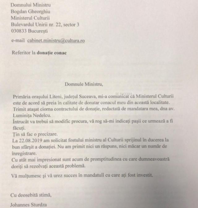 Scrisoarea trimisă de proprietarul conacului din Liteni către Ministrul Culturii