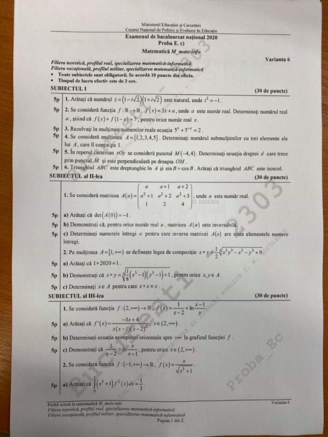 Subiectele la matematică la profilul de la mate-info