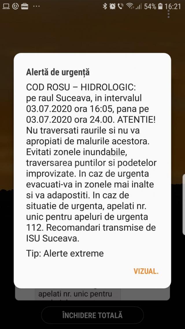 Mesaj ISU cod rosu inundatii Suceava
