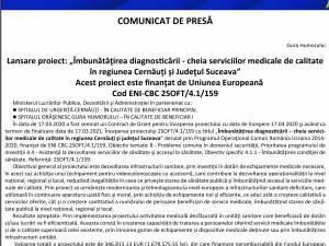 Lansare proiect: „Îmbunătăţirea diagnosticării - cheia serviciilor medicale de calitate în regiunea Cernăuţi şi Judeţul Suceava”