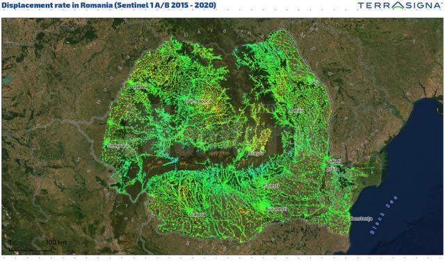 Romania - harta satelitară pe care se observă deplasările de teren pe o perioadă de 5 ani