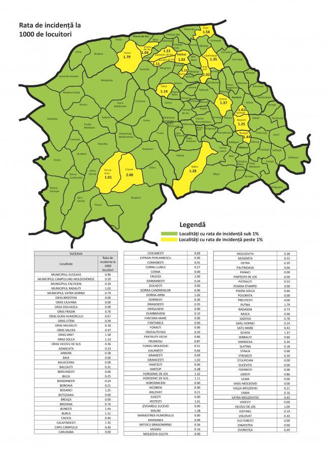 Harta judeţului a ratei de incidenţă Covid la 1000 de locuitori