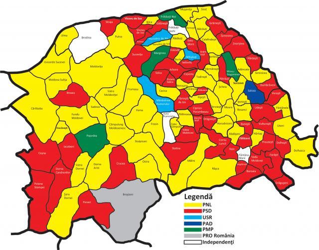 Șase partide și patru candidați independenți au câștigat cele 114 mandate de primar din județul Suceava