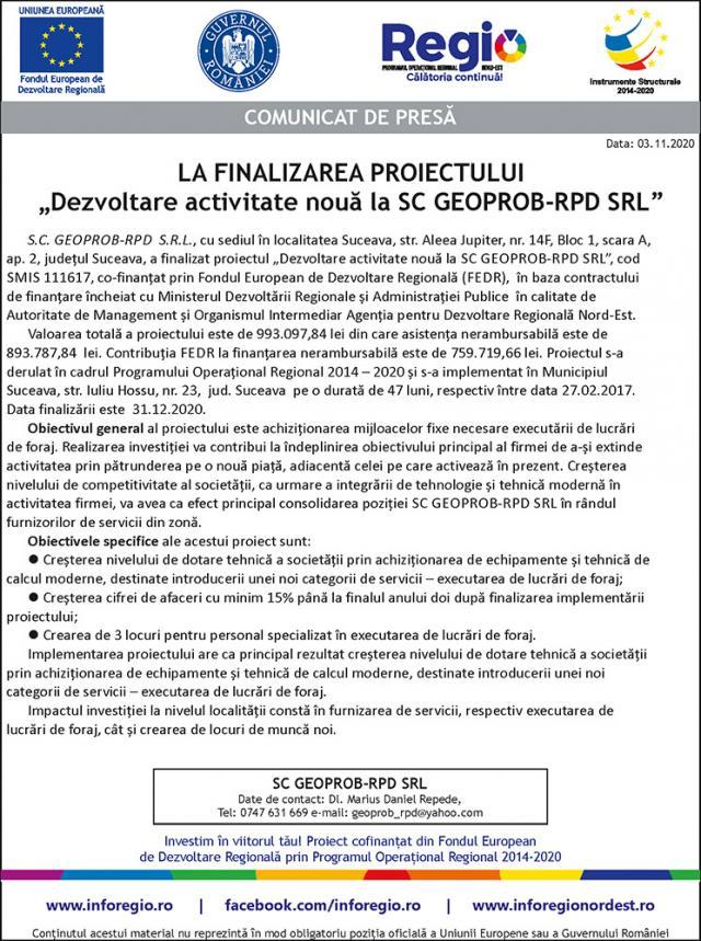 LA FINALIZAREA PROIECTULUI  „Dezvoltare activitate nouă la SC GEOPROB-RPD SRL”