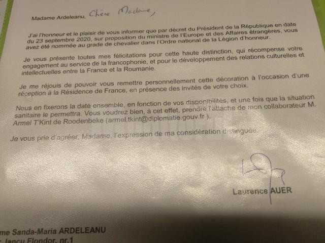 Prof. univ. dr. Sanda-Maria Ardeleanu va primi din partea statului francez Ordinul Național Legiunea de Onoare în grad de Cavaler