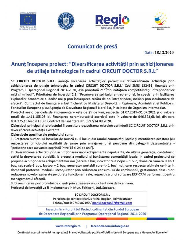 Anunț începere proiect: ”Diversificarea activității prin achiziționarea de utilaje tehnologice în cadrul CIRCUIT DOCTOR S.R.L”