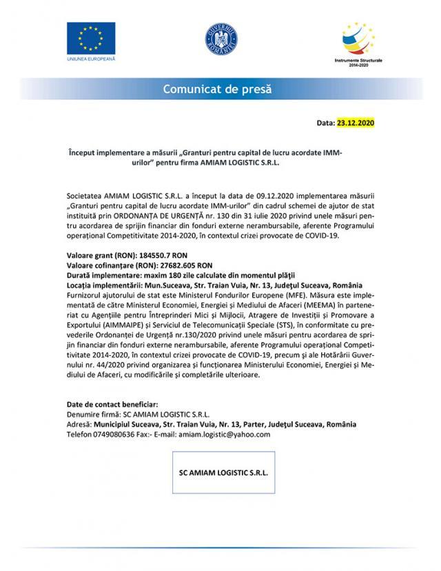 Început implementare a măsurii „Granturi pentru capital de lucru acordate IMM-urilor” pentru firma AMIAM LOGISTIC S.R.L.