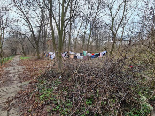 Un colț al parcului Șipote, ”rezervat” de romii din zonă pentru a-și usca hainele