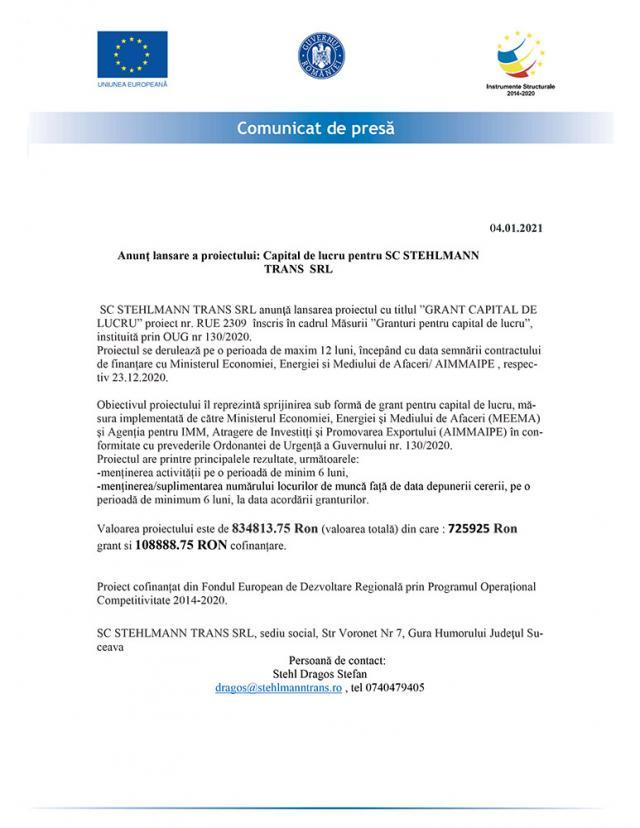 Anunț lansare a proiectului: Capital de lucru pentru SC STEHLMANN TRANS  SRL
