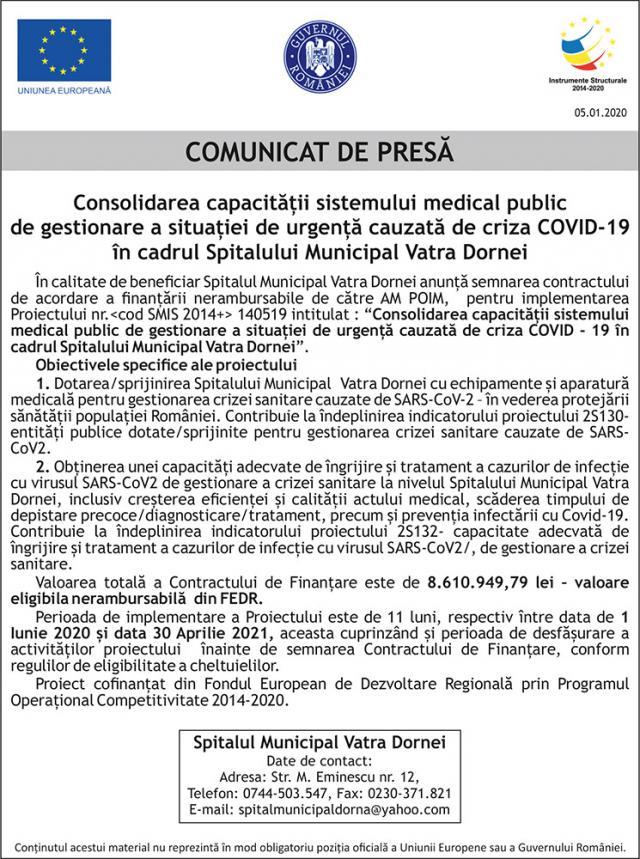 Consolidarea capacității sistemului medical public de gestionare a situației de urgenţă cauzată de criza COVID - 19 în cadrul Spitalului Municipal Vatra Dornei