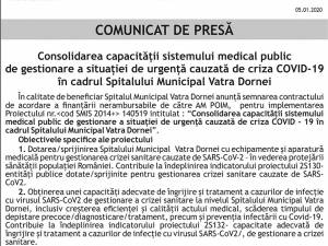 Consolidarea capacității sistemului medical public de gestionare a situației de urgenţă cauzată de criza COVID - 19 în cadrul Spitalului Municipal Vatra Dornei