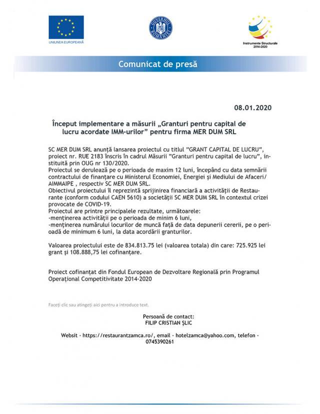 Început implementare a măsurii „Granturi pentru capital de lucru acordate IMM-urilor” pentru firma MER DUM SRL