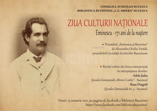 „Eminescu – 171 de ani de la naștere”, eveniment online, la Biblioteca Bucovinei