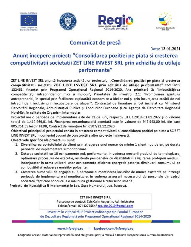 Anunț începere proiect: ”Consolidarea pozitiei pe piata si cresterea competitivitatii societatii ZET LINE INVEST SRL prin achizitia de utilaje performante”