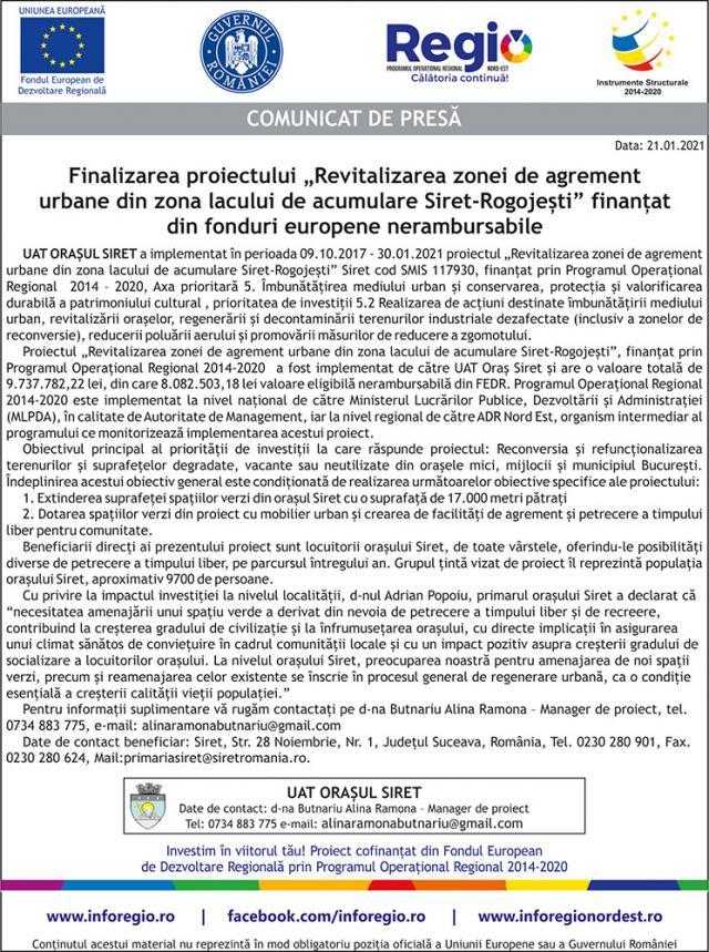 Finalizarea proiectului „Revitalizarea zonei de agrement urbane din zona lacului de acumulare Siret-Rogojești” finanțat din fonduri europene nerambursabile