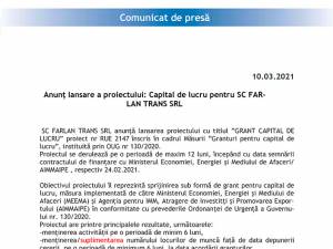 Anunț lansare a proiectului: Capital de lucru pentru SC FAR-LAN TRANS SRL