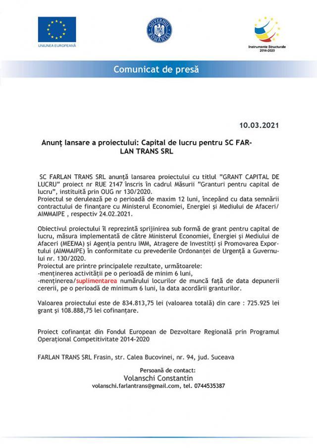 Anunț lansare a proiectului: Capital de lucru pentru SC FAR-LAN TRANS SRL