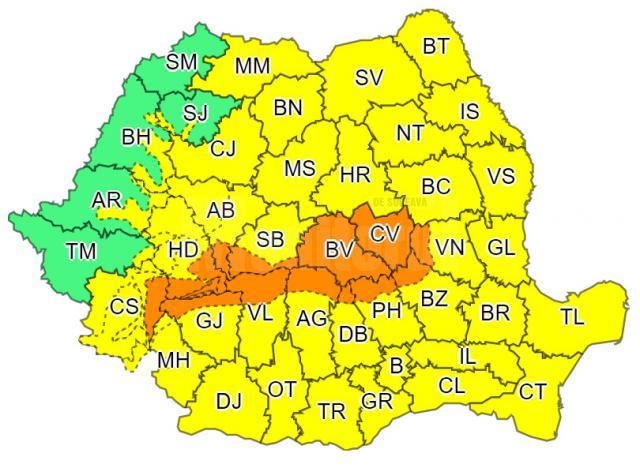 Noi atenționări de tip cod calben și portocaliu, emise de meteorologi, până pe  18 martie