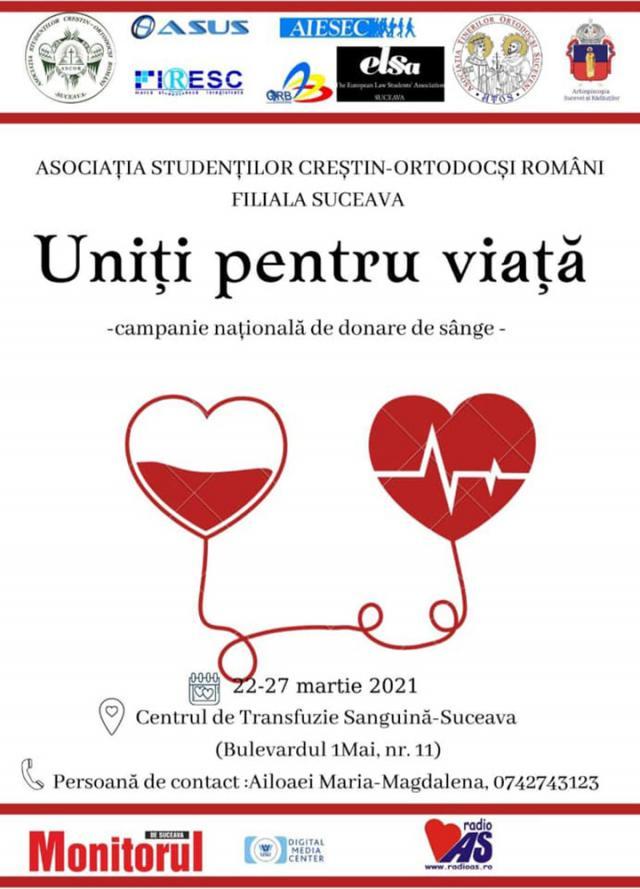 „Uniți pentru viață!”, campanie de donare de sânge organizată de ASCOR Suceava și asociațiile partenere de la USV