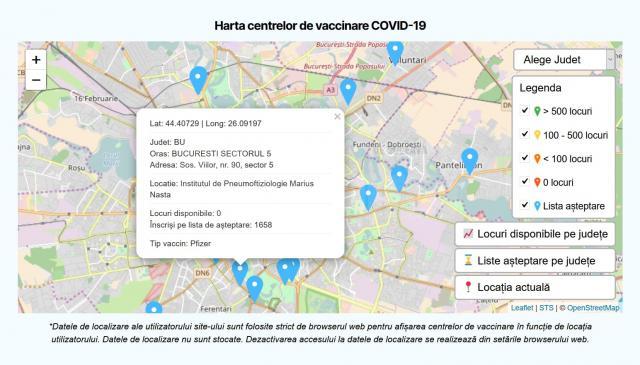 Harta interactivă a centrelor de vaccinare, pe tipuri de vaccin, este disponibilă