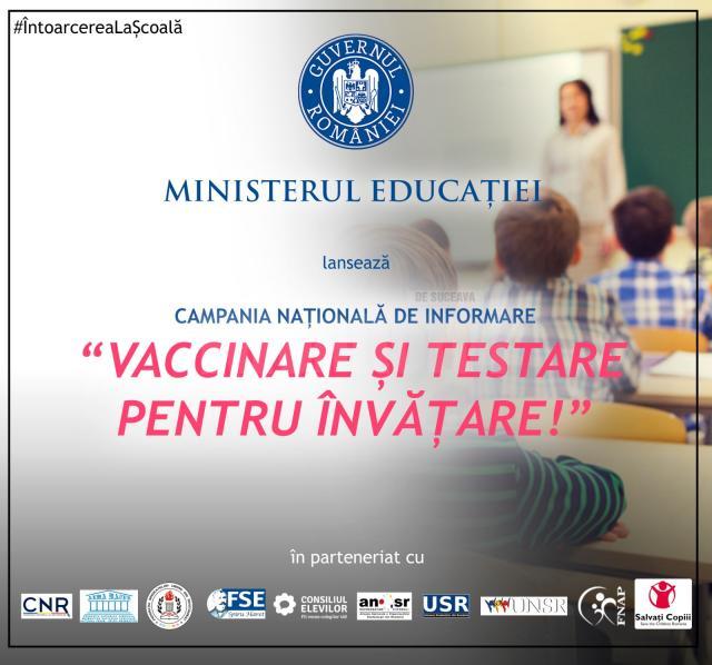 Campania Națională „Vaccinare și testare pentru învățare!”, lansată de Ministerul Educației
