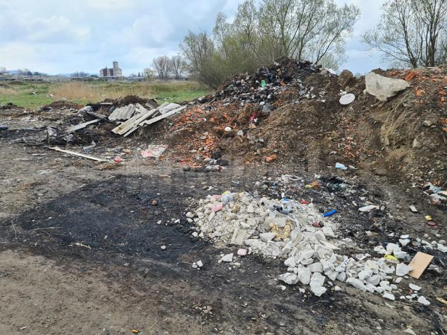 Materiale din demolări, pământ amestecat cu plastic sau alte deșeuri se pot observa pe o suprafață de circa 15 ari