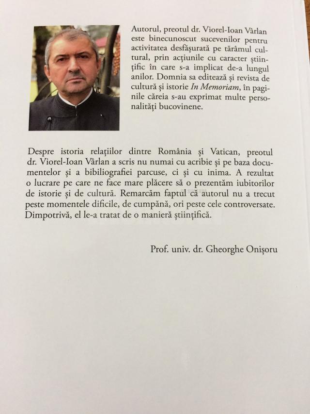 Volumul „Relaţii diplomatice şi ecleziastice între România şi Vatican după 1948”, semnat de preotul dr. Viorel Ioan Vârlan, publicat la Editura „Glasul Istoriei”