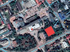 Plan Curte Spitalul Județean Suceava. Pătratul roșu reprezintă un posibil amplasament identificat pentru Facultatea de Medicină