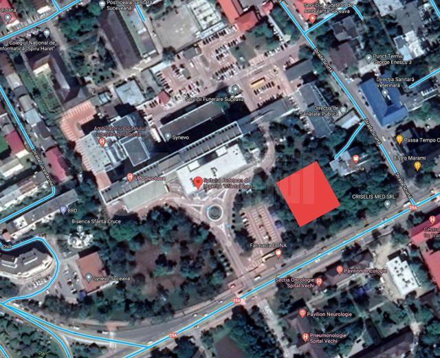 Plan Curte Spitalul Județean Suceava. Pătratul roșu reprezintă un posibil amplasament identificat pentru Facultatea de Medicină