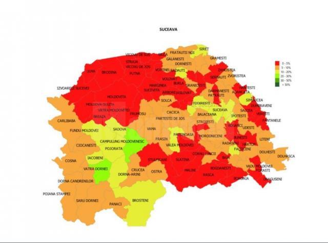Vaccinarea anticovid în județul Suceava are în continuare un ritm lent, cea mai mare parte a hărții vaccinării fiind colorată în roșu și portocaliu