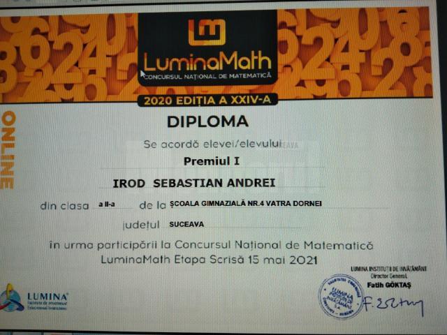 Premiul I, obținut de Sebastian Irod, elev în clasa a II-a din Vatra Dornei, la concursul național de matematică LuminaMath