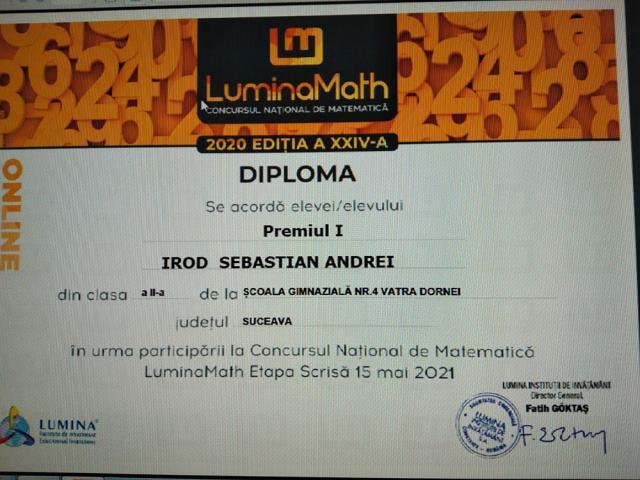 Premiul I, obținut de Sebastian Irod, elev în clasa a II-a din Vatra Dornei, la concursul național de matematică LuminaMath