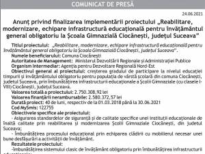 Anunț privind finalizarea implementării proiectului „Reabilitare, modernizare,  echipare infrastructură educațională pentru învățământul general obligatoriu la  Școala Gimnazială Ciocănești, județul Suceava”